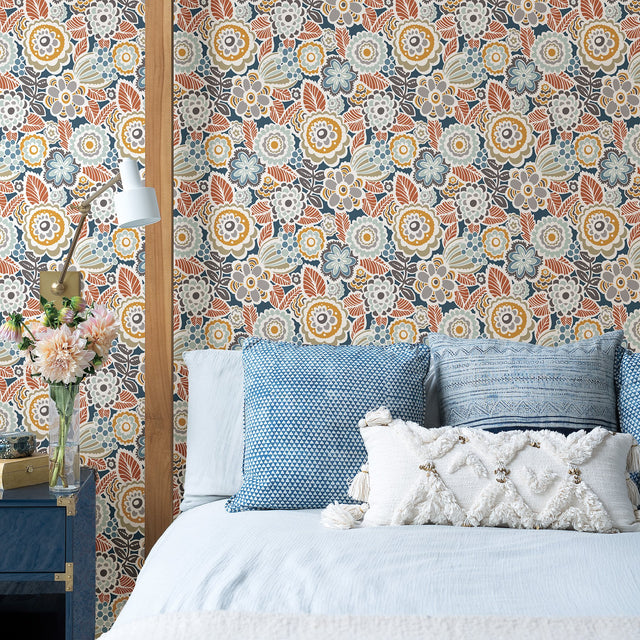 Lucy Navy Floral Wallpaper with Eclectic Botanical Flowers - A-Street Prints 2903-25866
