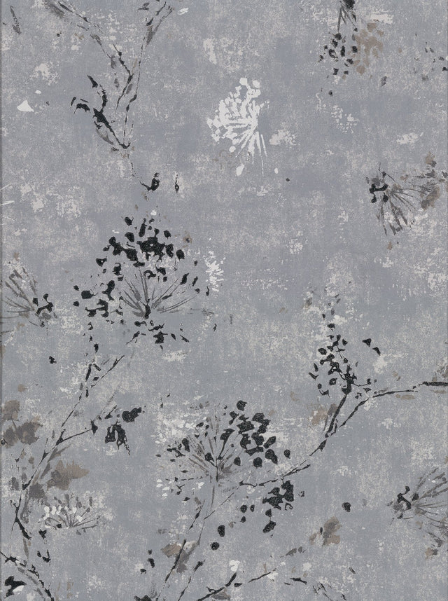 Misty Charcoal Distressed Dandelion Wallpaper with Botanical Floral Pattern - Brewster 2904-00306