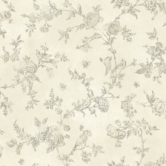French Nightingale Cream Trail Wallpaper with Botanical Songbird Trails - Brewster 2904-02193