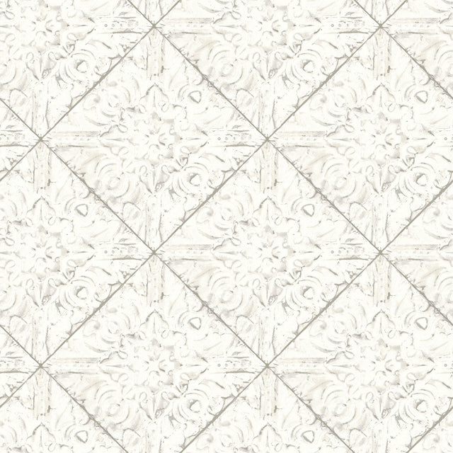 Brandi White Tin Tile Wallpaper with Vintage Floral Tin Motif - Brewster 2904-13091