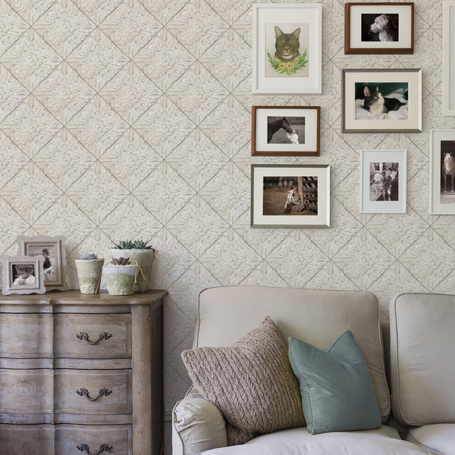 Brandi Grey Tin Tile Wallpaper with Graphic Tile Motif - Brewster 2904-13094