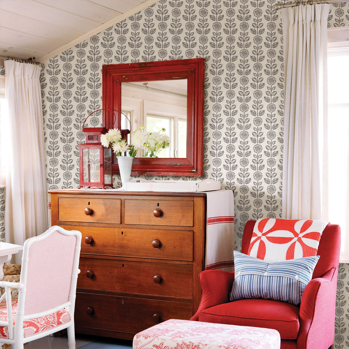 Dolly Dark Brown Folk Floral Wallpaper with Botanical Block-Print Motif - Brewster 2904-13511