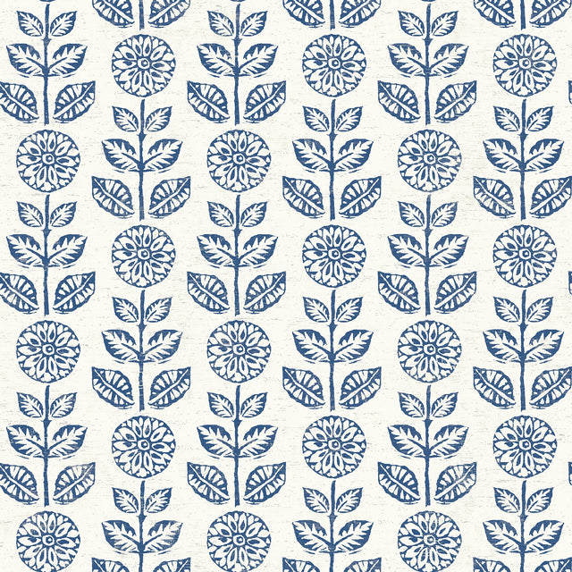 Dolly Navy Folk Floral Wallpaper with Botanical Flower Block Print - Brewster 2904-13512