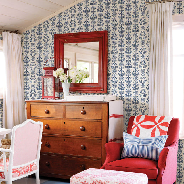 Dolly Navy Folk Floral Wallpaper with Botanical Flower Block Print - Brewster 2904-13512