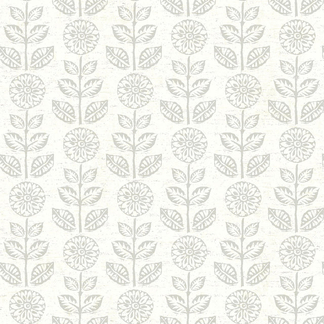 Dolly Taupe Folk Floral Wallpaper with Scandinavian Block-Print Flowers - Brewster 2904-13514