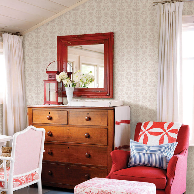 Dolly Taupe Folk Floral Wallpaper with Scandinavian Block-Print Flowers - Brewster 2904-13514