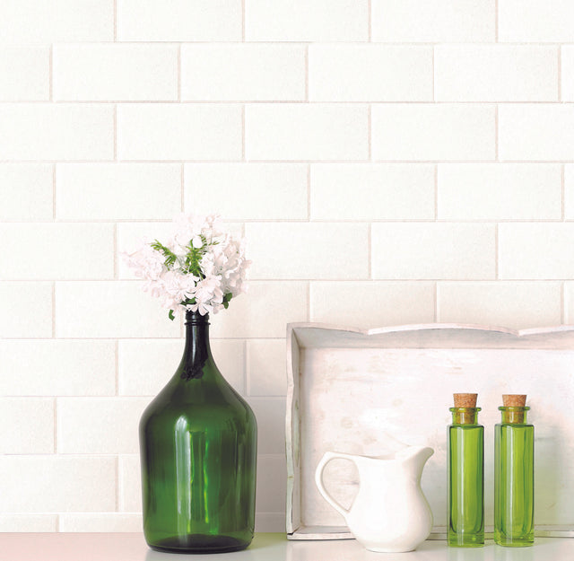 Bettina White Paintable Subway Tile Wallpaper with Kitchen & Bath Tiles Graphic - Brewster 2904-21399