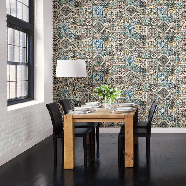 Marrakesh Blue Global Tiles Wallpaper with Global Tile Motif - Brewster 2904-22315