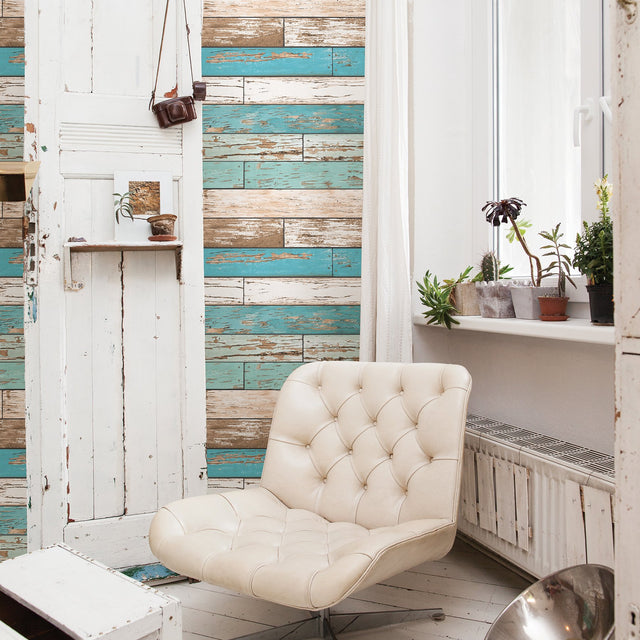 Juda Blue Scrap Wood Wallpaper with Coastal Distressed Wood Plank Pattern - Brewster 2904-22318