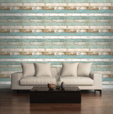 Juda Blue Scrap Wood Wallpaper with Coastal Distressed Wood Plank Pattern - Brewster 2904-22318