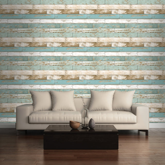 Juda Blue Scrap Wood Wallpaper with Coastal Distressed Wood Plank Pattern - Brewster 2904-22318