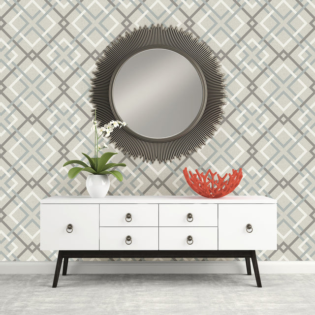 Saltire Taupe Geometric Wallpaper with Linen-Textured Lattice - Brewster 2904-22649