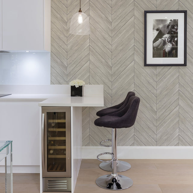 Parisian Dove Chevron Wood Wallpaper with Graphic Wood Veneer Chevron Motif - Brewster 2904-24005