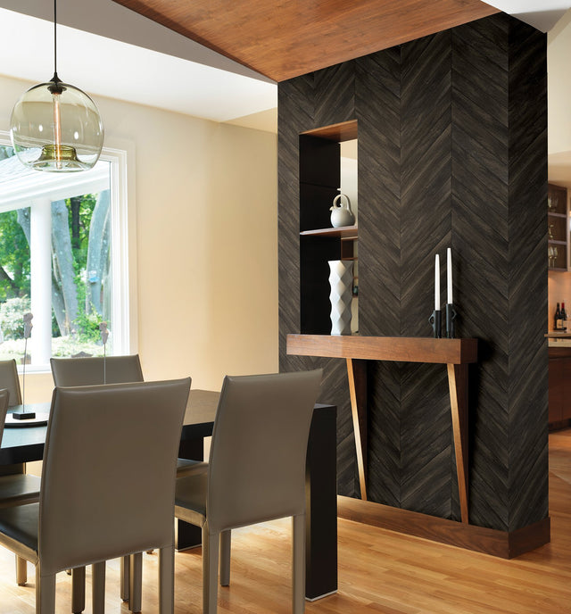 Parisian Dark Brown Chevron Wood Wallpaper with Rustic Parquet Chevron Motif - Brewster 2904-24008