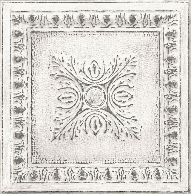 Hazley White Ornament Tin Tile Wallpaper with Faux Hammered Silver Accents - Brewster 2904-24031
