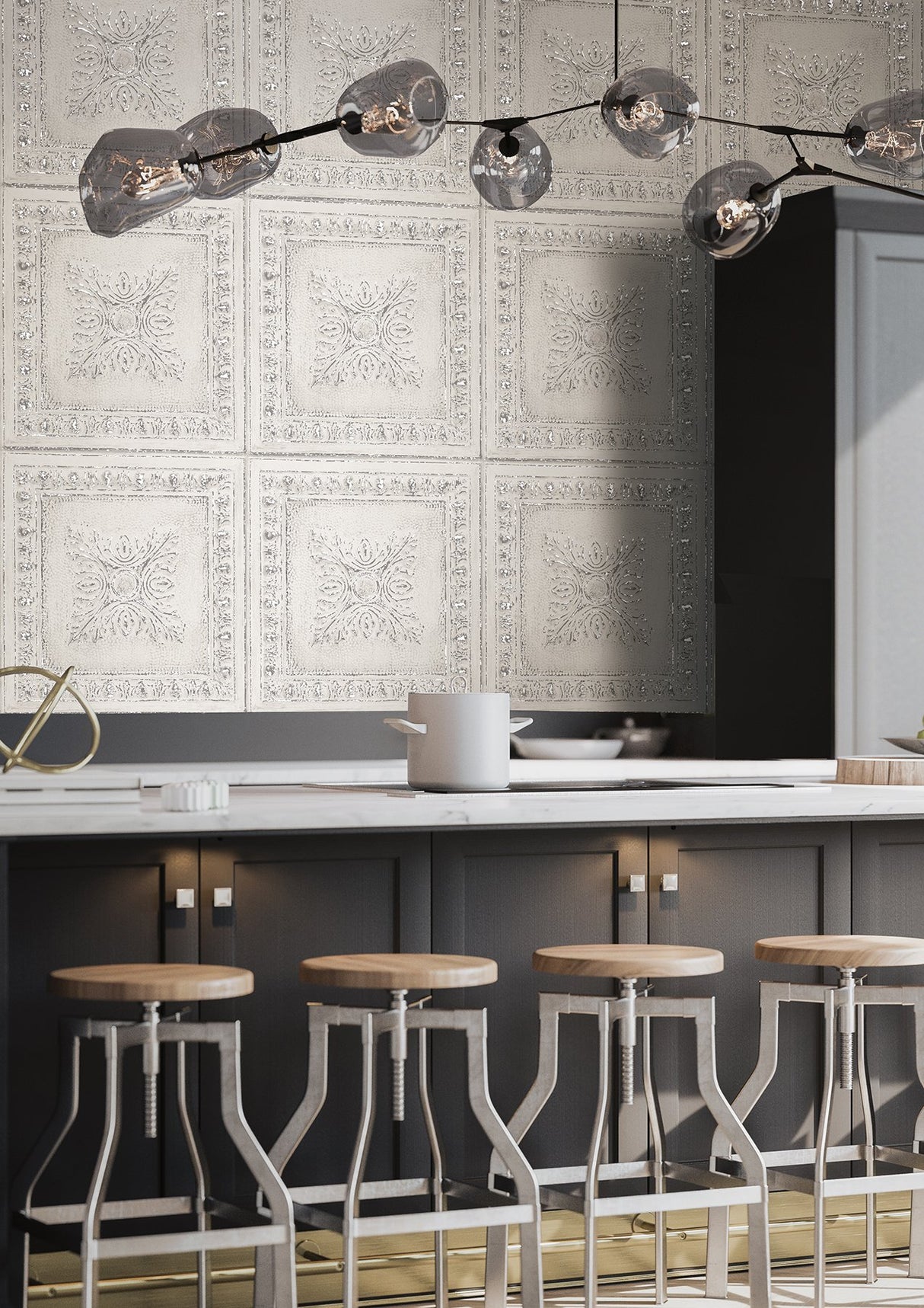 Hazley White Ornament Tin Tile Wallpaper with Faux Hammered Silver Accents - Brewster 2904-24031