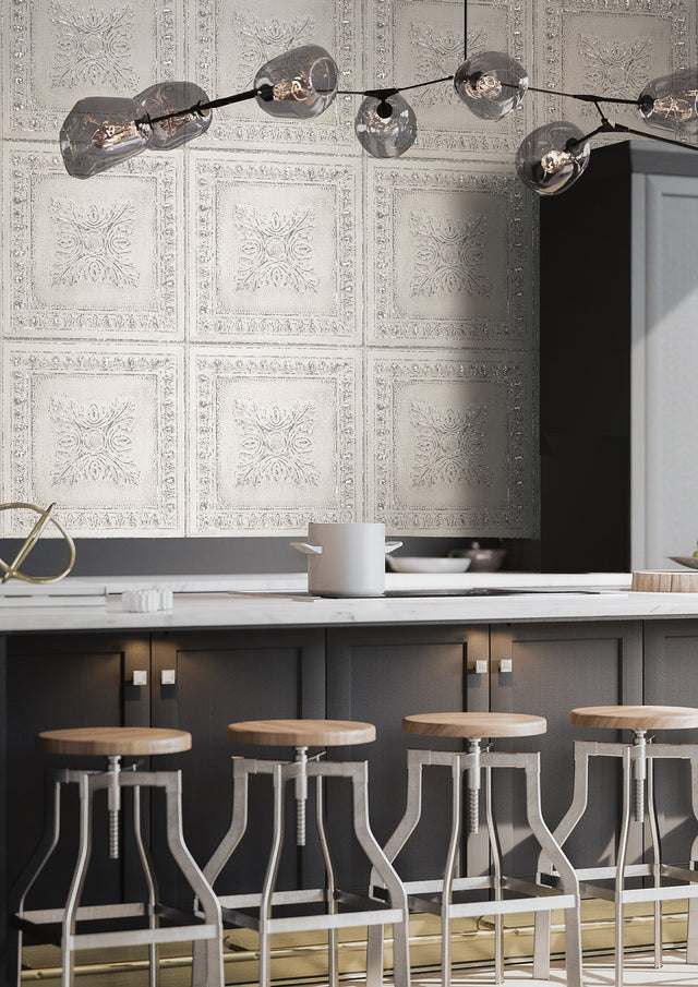 Hazley White Ornament Tin Tile Wallpaper with Faux Hammered Silver Accents - Brewster 2904-24031