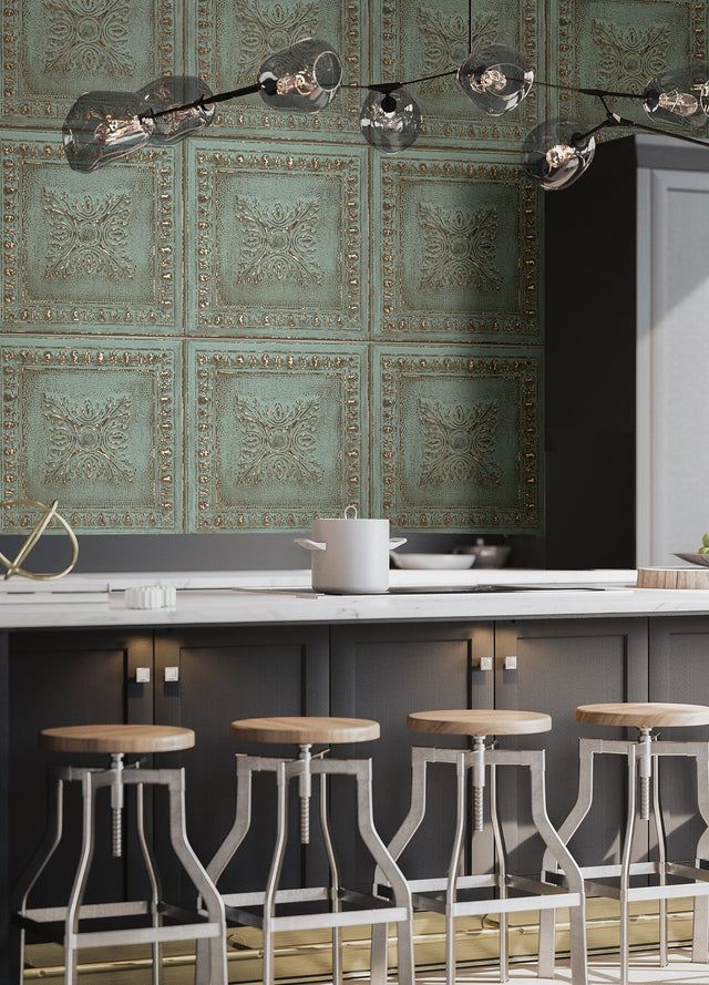 Hazley Turquoise Ornament Tin Tile Wallpaper with Industrial Tin Motif - Brewster 2904-24032
