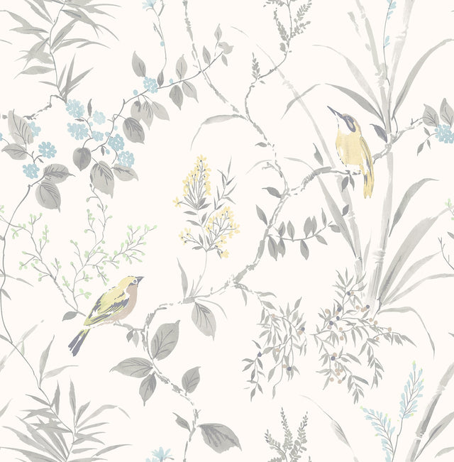 Imperial Garden Light Grey Botanical Wallpaper with Chinoiserie Birds & Leaves - Brewster 2904-24172