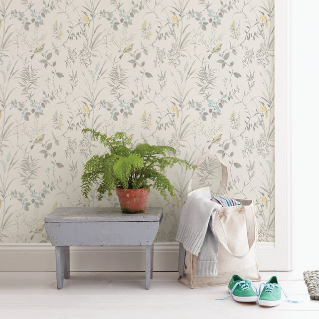 Imperial Garden Light Grey Botanical Wallpaper with Chinoiserie Birds & Leaves - Brewster 2904-24172