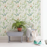Imperial Garden Green Botanical Wallpaper with Leaves and Songbirds - Brewster 2904-24173