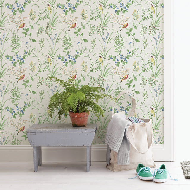 Imperial Garden Green Botanical Wallpaper with Leaves and Songbirds - Brewster 2904-24173