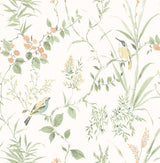 Imperial Garden Sage Botanical Wallpaper with Watercolor Leaves & Songbirds - Brewster 2904-24174