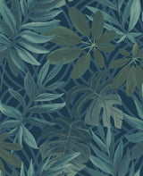 Nocturnum Dark Blue Leaves Wallpaper with Botanical Tropical Motif - Brewster 2904-24201