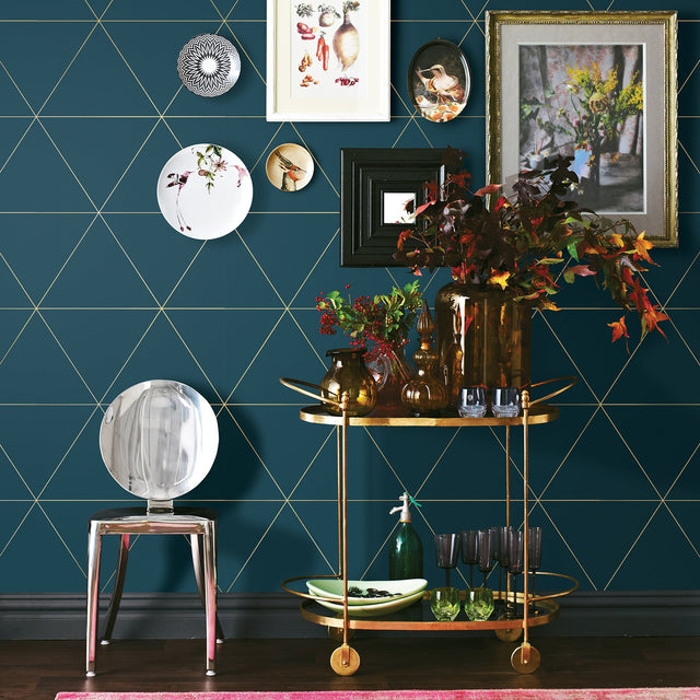 Twilight Teal Modern Geometric Wallpaper with Gold-Outlined Triangle Pattern - Brewster 2904-24228