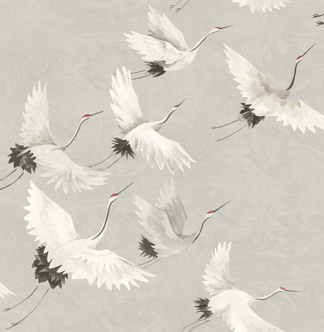 Windsong Grey Bird Wallpaper with Hand-Painted Crane Motif - Brewster 2904-24304