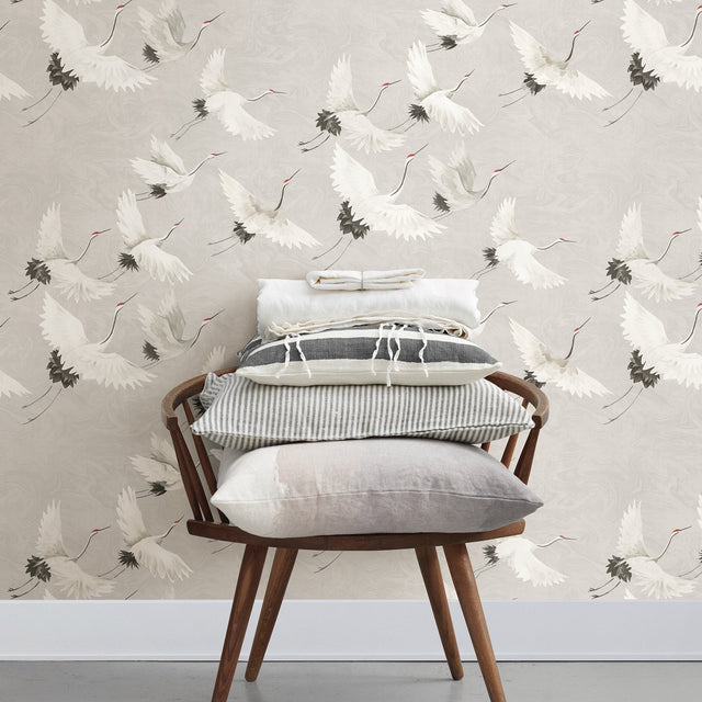 Windsong Grey Bird Wallpaper with Hand-Painted Crane Motif - Brewster 2904-24304
