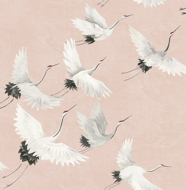Windsong Pink Bird Wallpaper with Hand-Painted Crane Motif - Brewster 2904-24305