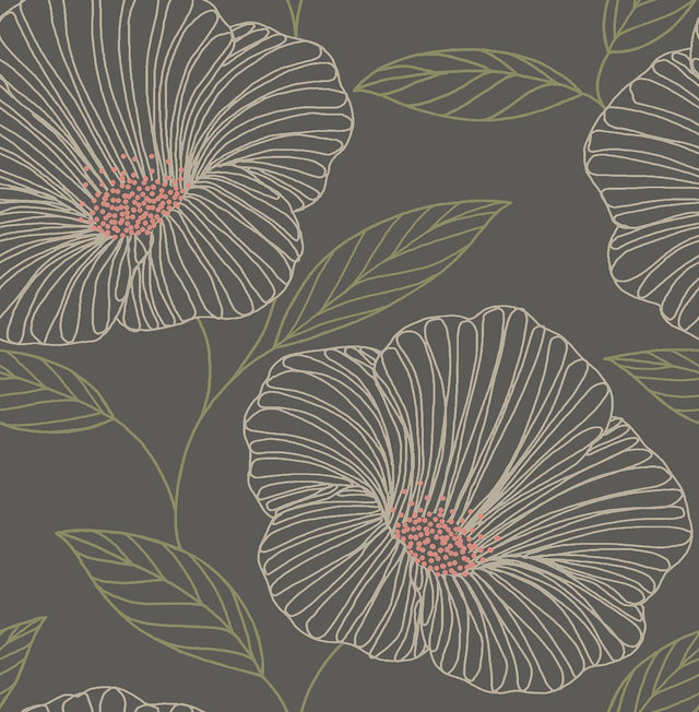 Mythic Brown Floral Wallpaper with Botanical Flowers Pattern, Kitchen & Bath Style - Brewster 2904-24319
