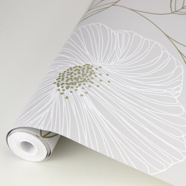 Mythic Light Grey Floral Wallpaper with Botanical Flowers Pattern, Kitchen & Bath - Brewster 2904-24320