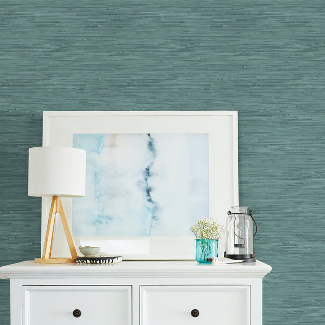 Fiber Teal Faux Grasscloth Wallpaper with Raised Ink Texture - Brewster 2904-24415
