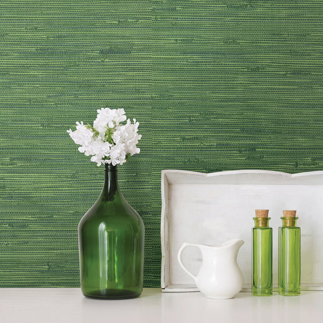 Fiber Green Faux Grasscloth Wallpaper with Faux Grasscloth Pattern, Kitchen & Bath Style - Brewster 2904-24419