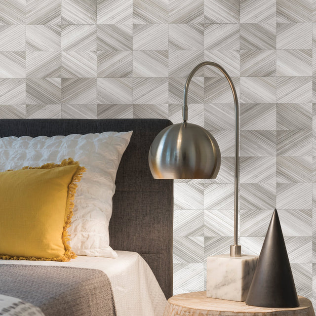 Stratum Grey Geometric Faux Wood Wallpaper with Kitchen & Bath Graphics Style - Brewster 2904-25379