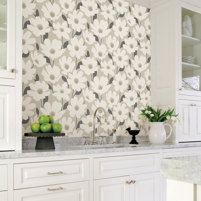 Astera Beige Floral Wallpaper with Botanical Flowers Motif - Brewster 2904-25675