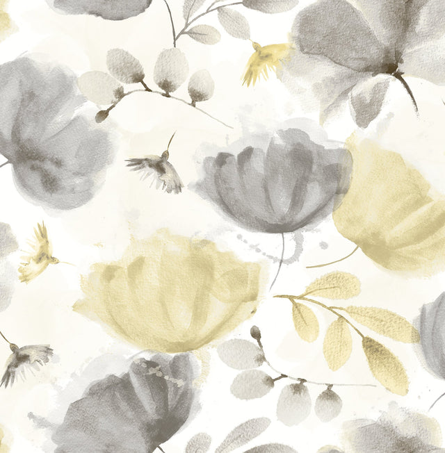 Zahra Grey Floral Wallpaper with Watercolor Botanical Pattern - Brewster 2904-25679