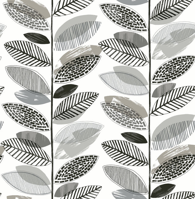 Nyssa Grey Leaves Wallpaper with Modern Botanical Leaf Pattern - Brewster 2904-25683