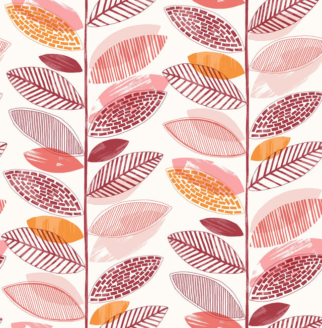 Nyssa Coral Leaves Coral Wallpaper with Botanical Kitchen & Bath Style - Brewster 2904-25684