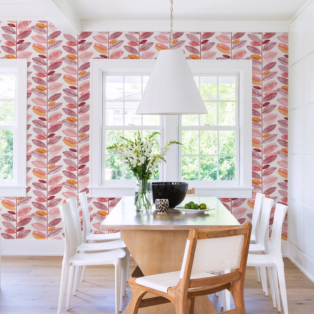 Nyssa Coral Leaves Coral Wallpaper with Botanical Kitchen & Bath Style - Brewster 2904-25684