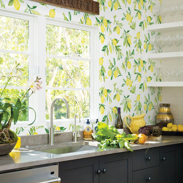 Limon Chartreuse Fruit Wallpaper with Watercolor Lemon Motif - Brewster 2904-25686