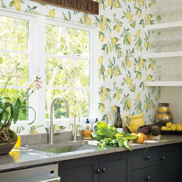Limon Yellow Fruit Wallpaper with Watercolor Lemon Motif - Brewster 2904-25687