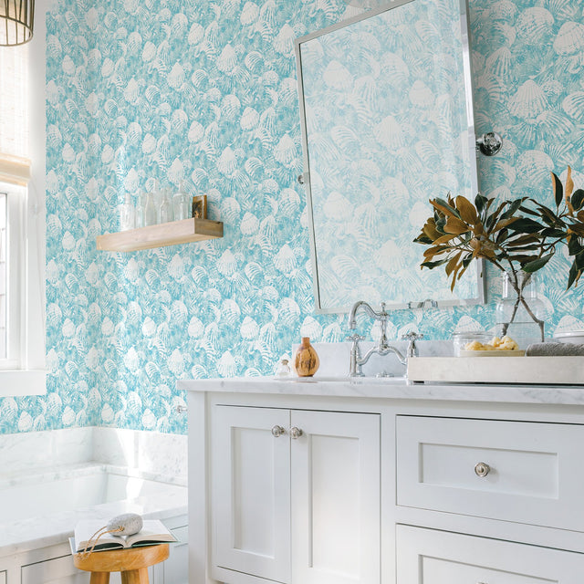 Surfside Aqua Shells Wallpaper with Coastal Shell Motif - Brewster 2904-25688