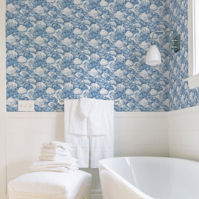 Surfside Blue Shells Wallpaper with Coastal Beach Shell Motif - Brewster 2904-25691