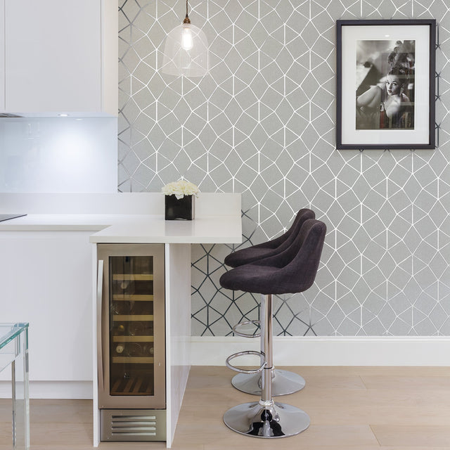 Albion Silver Geometric Wallpaper with Abstract Geometric Pattern, Kitchen & Bath - Brewster 2904-42489