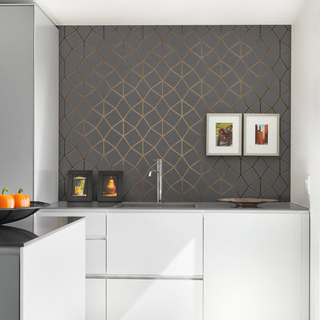 Albion Taupe Geometric Wallpaper with Rose Gold Lined Abstract Geometrics - Brewster 2904-42490