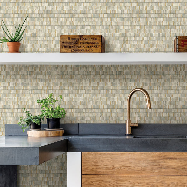 Dobby Gold Geometric Wallpaper with Textured Abstract Rectangle Motif - Brewster 2908-24959
