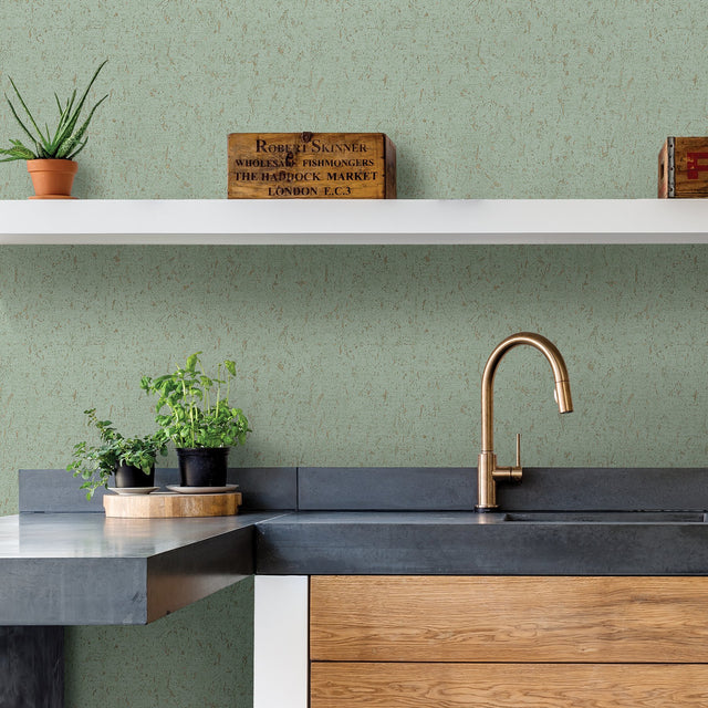 Guri Green Faux Concrete Wallpaper with Distressed Gold Industrial Texture - A-Street Prints 2908-25316